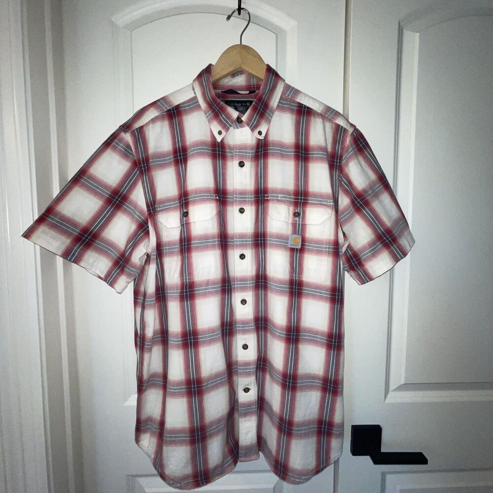 Carhart Plad Mens L Button Front Short Sleeve Loose Fit 100% Cotton Shirt